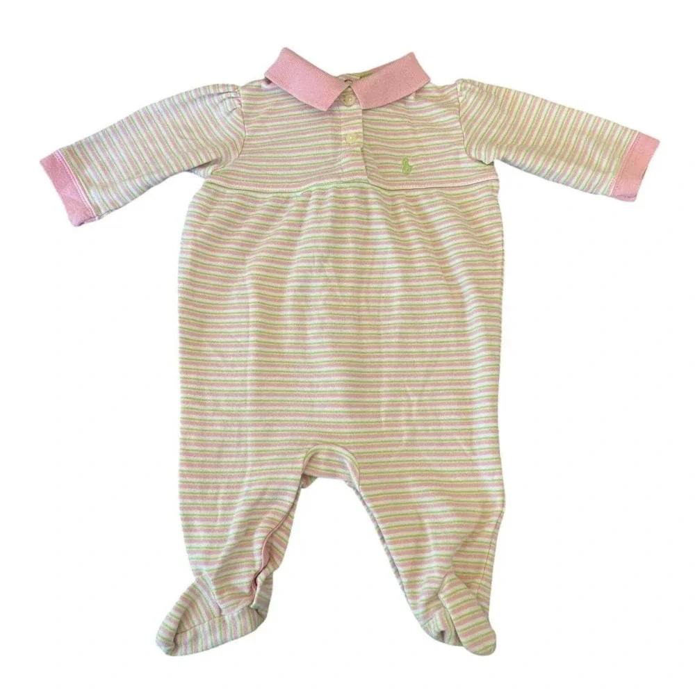 Ralph Lauren Pink Green Striped Cotton Footed One Piece Romper Pajamas 6M